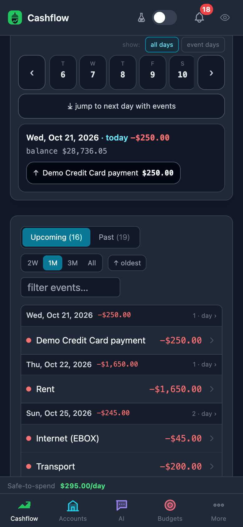 Fugio cashflow screen: recorded balance as a solid line up to today, the projection dashed beyond it, zoom presets from one month to ten years, insight cards for first negative day, horizon low and end-of-horizon balance, and a framed Upcoming and Past events panel below (phone view)