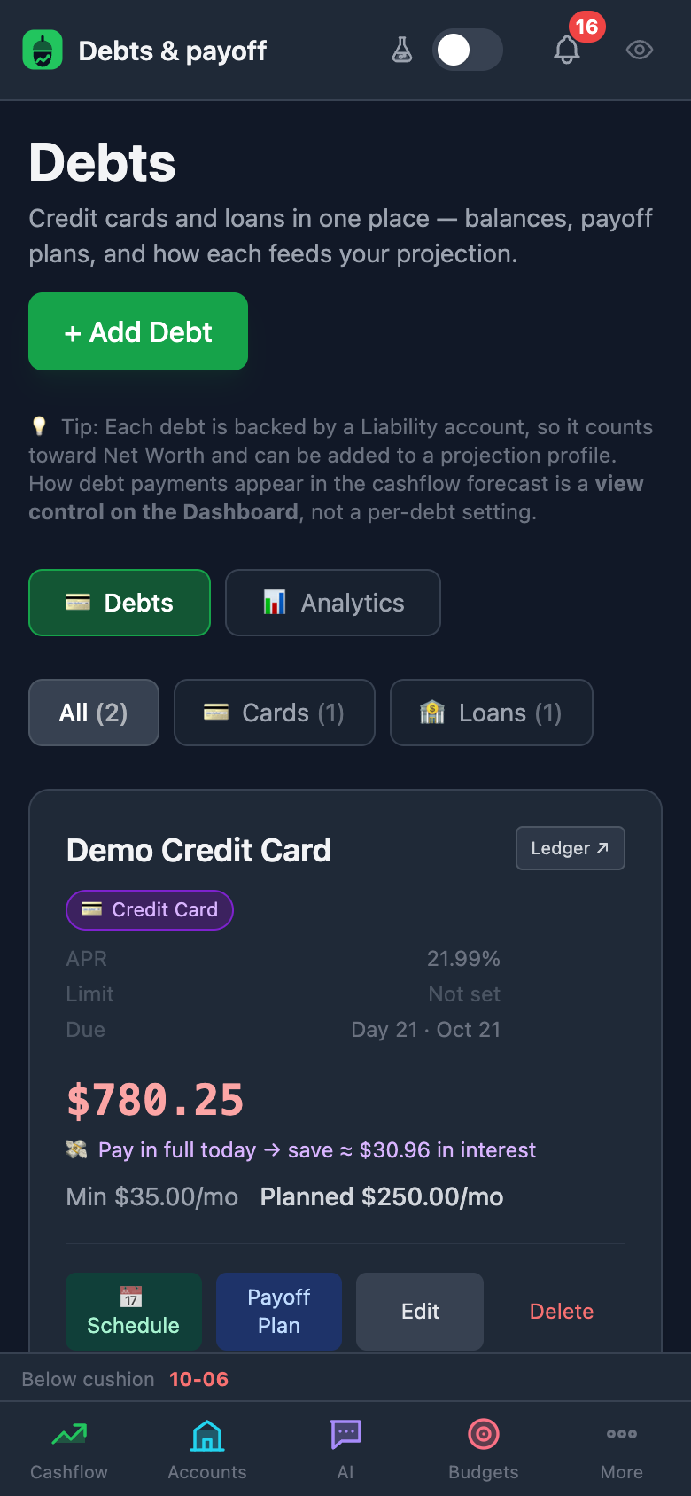 Fugio Debts view with loan and credit card balances and payoff plans (phone view)