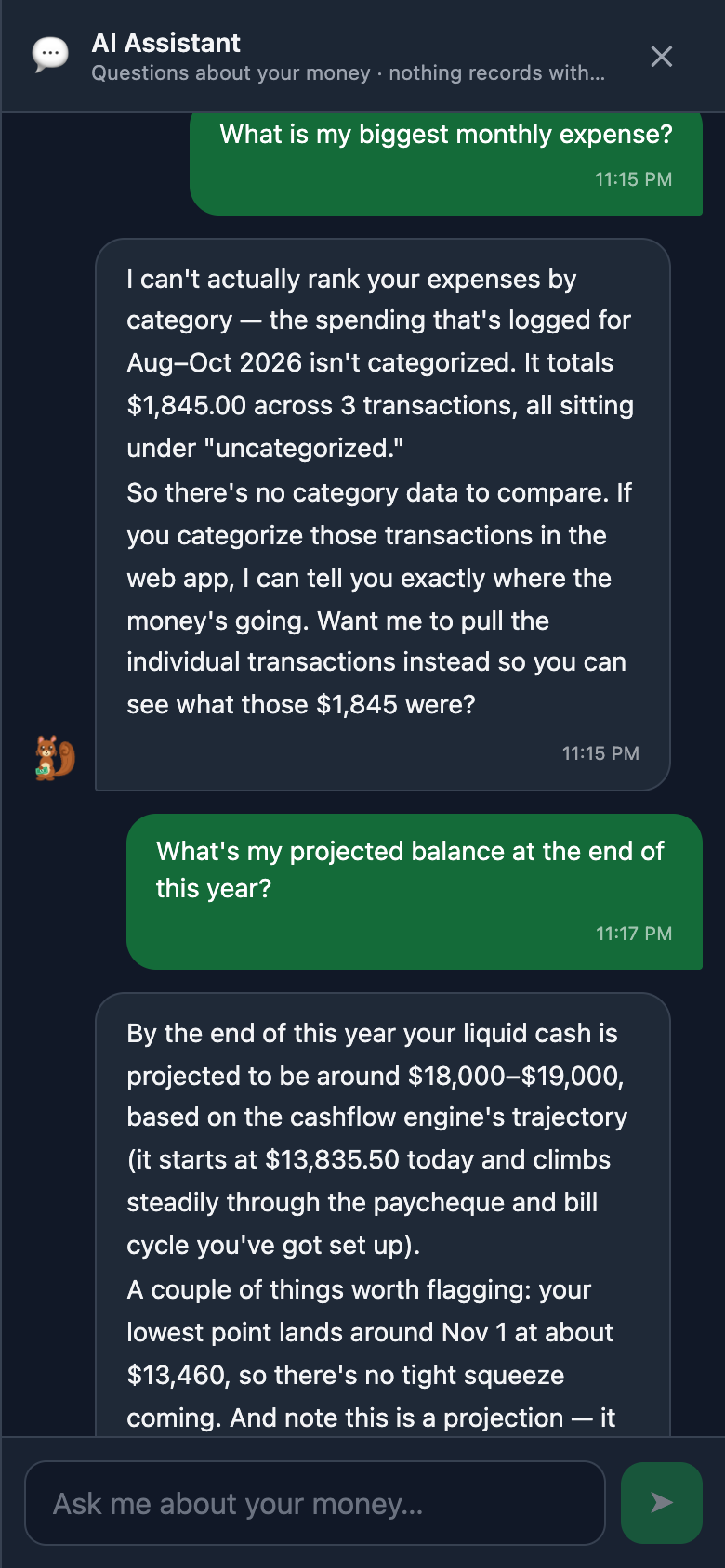 Fugio AI assistant panel open beside the cashflow projection, answering a question about the projected end-of-year balance with real numbers from the user's data (phone view)